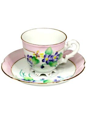 Hal-Sey Fifth Ave Violets Teacup & Saucer Footed Pink Rim Gold Trim Vintage